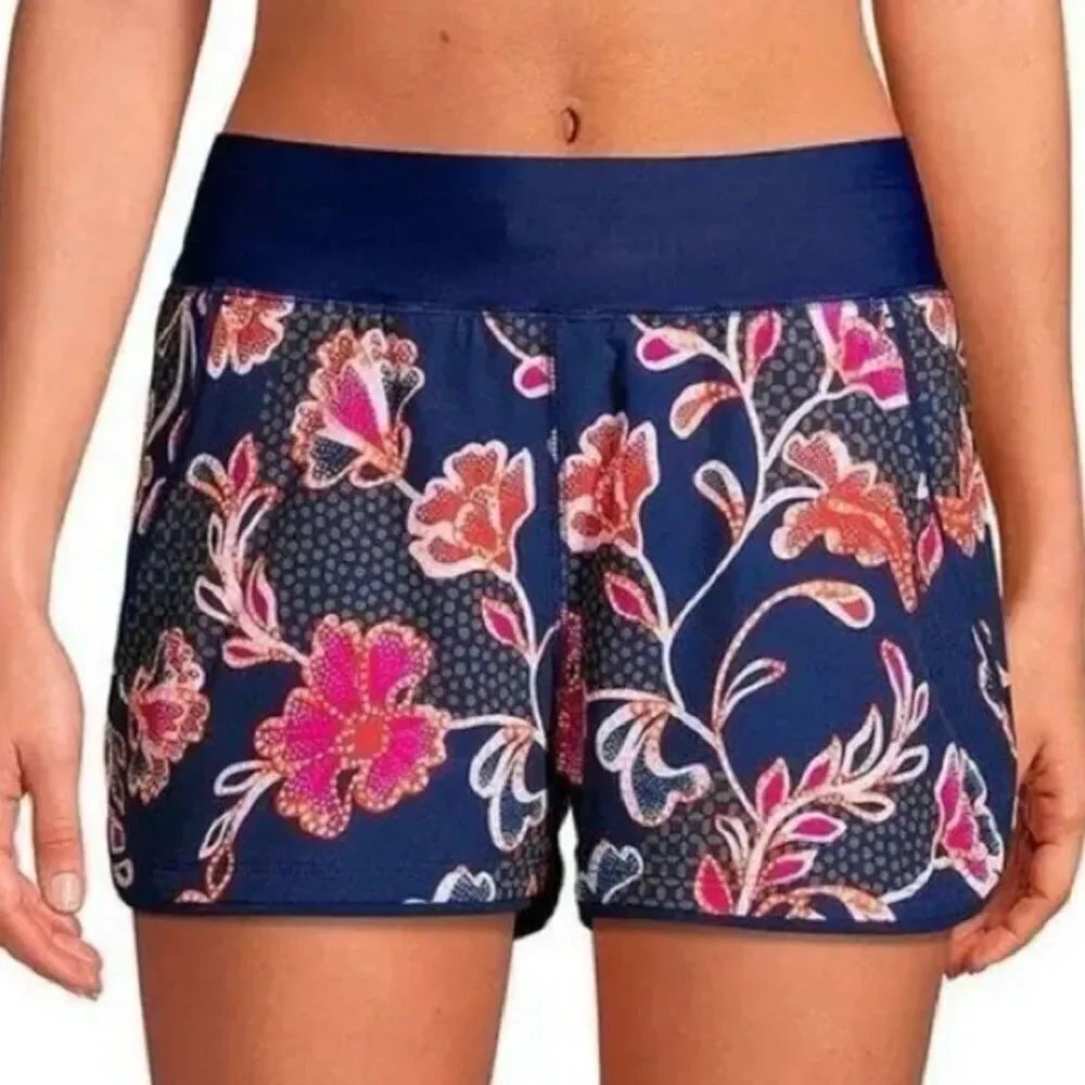 Lands End Women’s 3” Swim Shorts Size 4 Deep Sea Navy Floral Mix Quick Dry Pocke